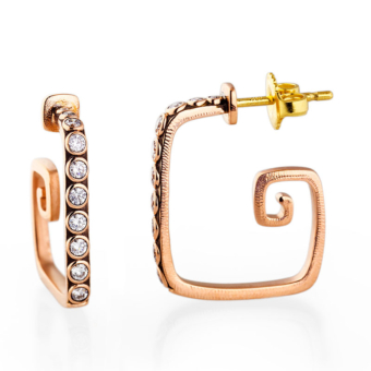 Šepkus E-82R “Square Spiral” 18K Rose Gold and Diamond Hoop Earrings