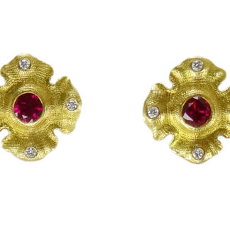 Šepkus E-221M 18K Yellow Gold "Quatrefoil" Studs with Rubies