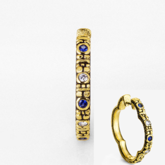 Šepkus E-233DS 18K Yellow Gold, Diamond, and Sapphire "Quatrefoil" Huggies Earrings