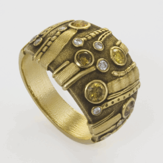 Šepkus R-150DC 18K Yellow Gold and Natural Color Diamond "Sea Grass" Dome Ring