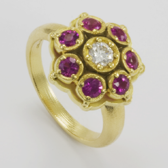 Šepkus R-157S 18K Yellow Gold, Sapphire, and Diamond "Flower" Ring