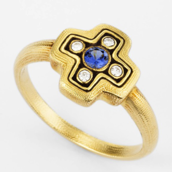 Šepkus R-162S 18K Yellow Gold, Sapphire, and Diamond "Little Cross" Ring