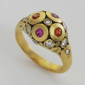 Šepkus R-173S 18K Yellow Gold, Sapphire and Diamond "Water Lilies" Dome Ring