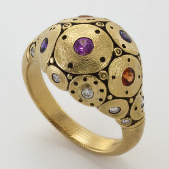 Šepkus R-178S 18K Yellow Gold, Sapphire, and Diamond "Water Lilies" Dome Ring
