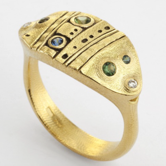 Šepkus R-200S 18K Yellow Gold, Sapphire, and Diamond "Leaf" Dome Ring