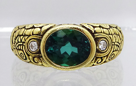 Šepkus R-19MD 18K Yellow Gold and Diamond "Dragon" and Green Tourmaline Ring