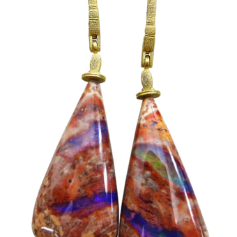 Šepkus E-132D 18K Yellow Gold "Sticks & Stones" Mexican Fire Opal Matrix Teardrop Earrings