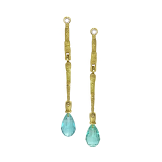 Šepkus E-148 18K Yellow Gold "Sticks and Stones" Long Hinged Dangle Earrings with Emerald Briolette Drops