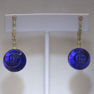 Šepkus E-160D 18K Yellow Gold "Sticks and Stones" Earrings with Blue Whirlpool Spectralite